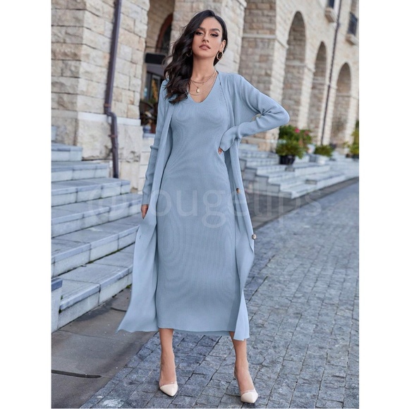 2 Piece Set: Knit Midi Pencil Dress and Long Cardigan Button Through Blue - Picture 2 of 13